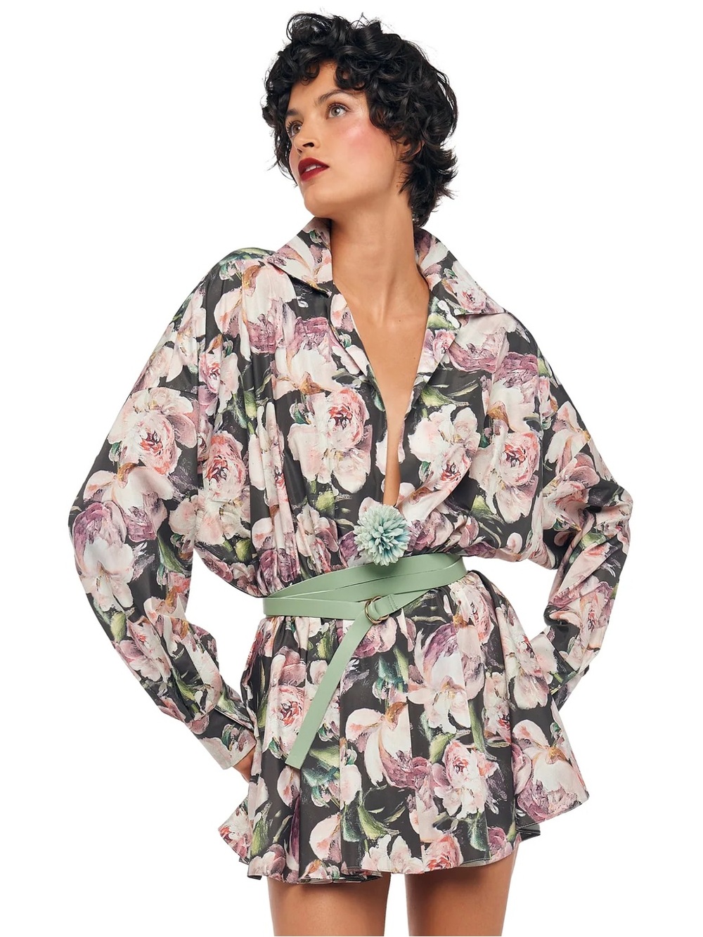 NORMA KAMALI Floral Black & Pink Gathered Waist Shirt Dress